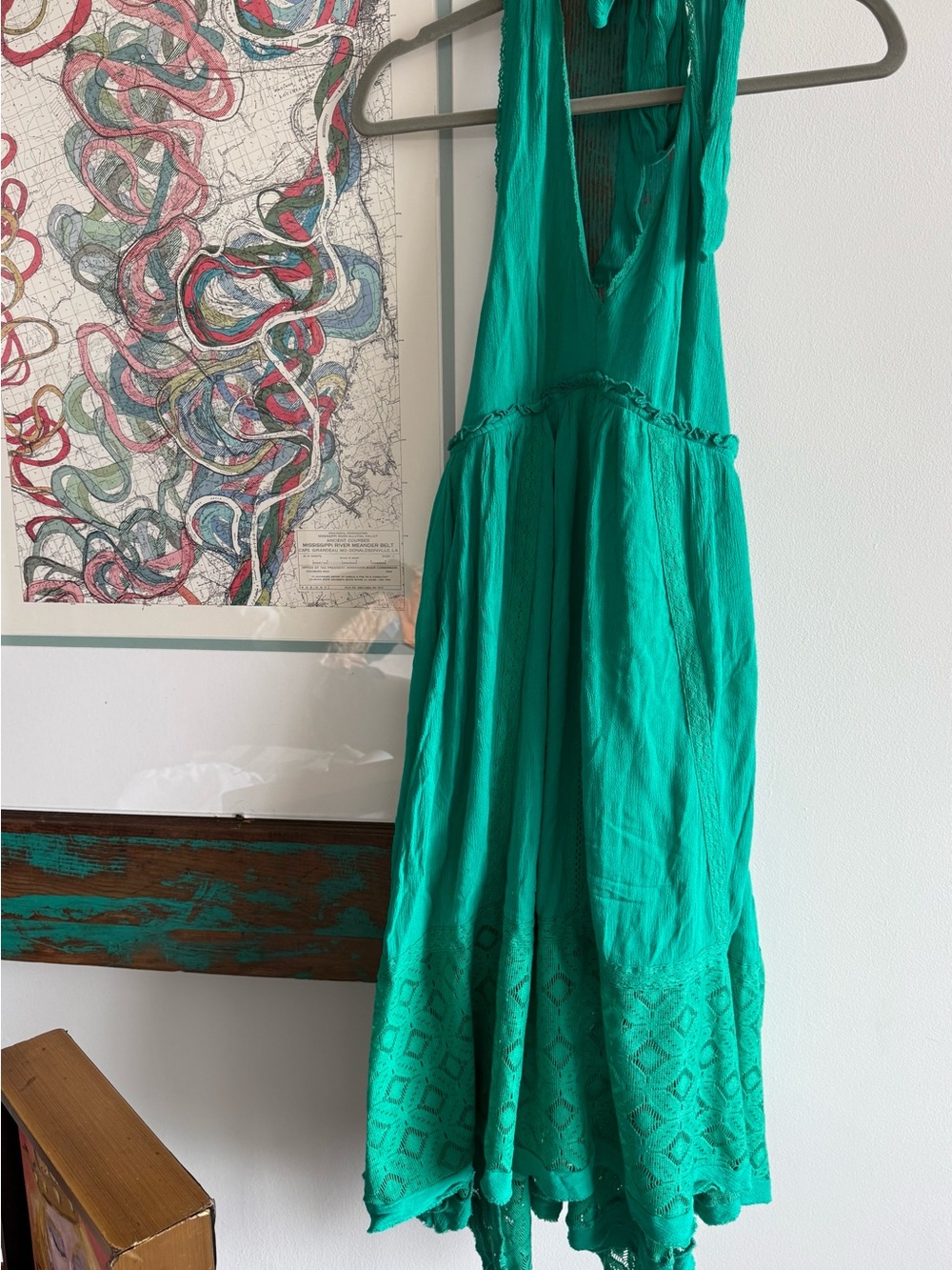 In Loom Halter Teal Green Ladies Sundress w/ Lace | Medium